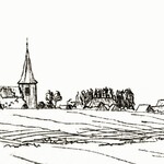 1830 - Zeichnung mit dem alten spitzen und windschiefen Kirchturm, der 1899 abbrannte und 1900 durch den neuen heutigen ersetzt wurde